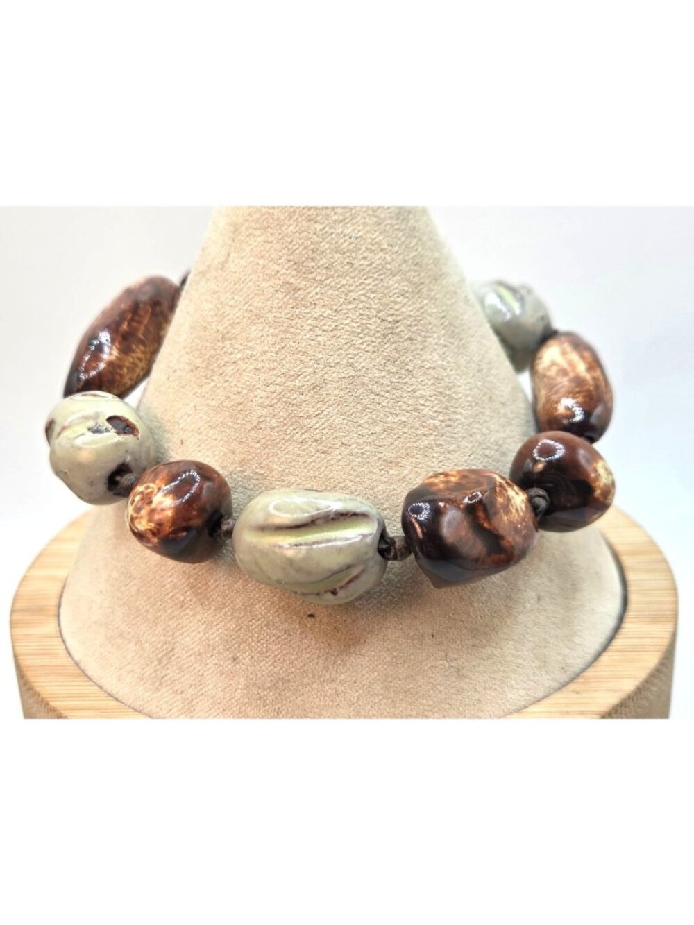 Ceramic Beaded Bracelet With Brown & Beige Tones On Adjustable Cord
